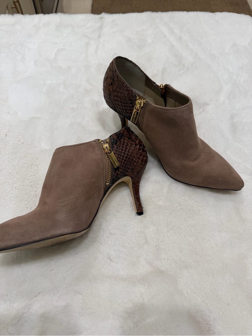 Michael Kors Pointed Toe Suede Booties with Snake-Textured Heel - Taupe Size7.5